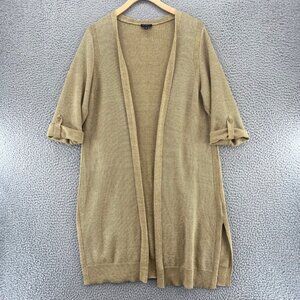 Talbots Sweater Womens Large Petite Gold Shimmer Linen Blend Cardigan 3/4 Sleeve